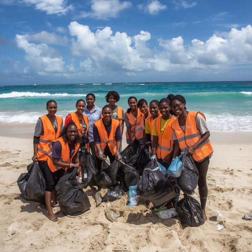 Bénévoles ramassant des déchets sur une plage de Guadeloupe